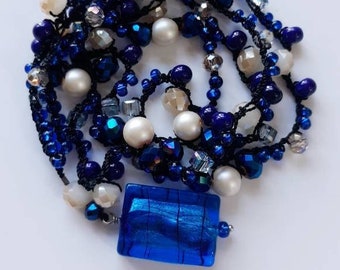 Blue Beads Necklace - Blue Crystals - Bohemian Style