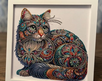 Kitty Cat Diamond Art Painting, 10"x10", FRAMED, FINISHED PRODUCT, #32724A