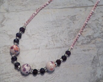 Bead Crochet Necklace - Pink and Purple - Ceramic Beads - Crystals