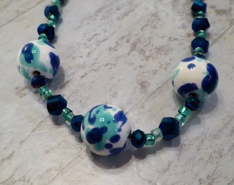 Bead Crochet Necklace - Blue and Green - Ceramic Beads - Crystals