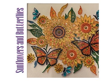 Sunflowers and Butterflies Diamond Art Painting, 10"x10", FRAMED, FINISHED PRODUCT