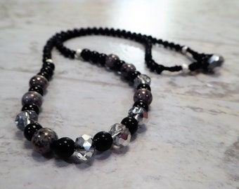 Black and Gray Necklace - Black Dress Jewelry - Crochet Beaded Necklace - Crystals