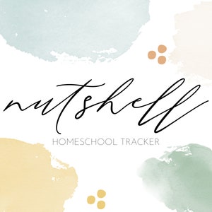 May include: A watercolor illustration with the text "nutshell" and the words "HOMESCHOOL TRACKER" in black text. The background is a white canvas with abstract watercolor shapes in shades of blue, green, yellow, and orange.