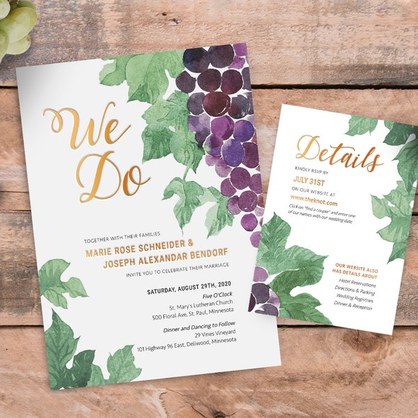 Watercolor Wedding Invitation Editable Template with Grapes, Greenery, and Gold Foil