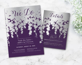 Classy Wedding Invitation Template with Silver Vines on Plum/Eggplant Purple Paper