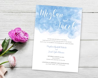 Beautiful Wedding Invitation Template Watercolor Periwinkle Blue with Classy Calligraphy