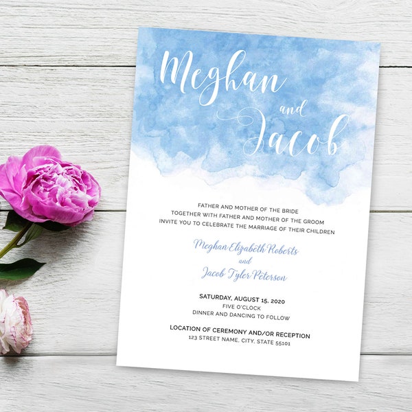 Beautiful Wedding Invitation Editable Template Watercolor Periwinkle Blue with Classy Calligraphy Digital Download