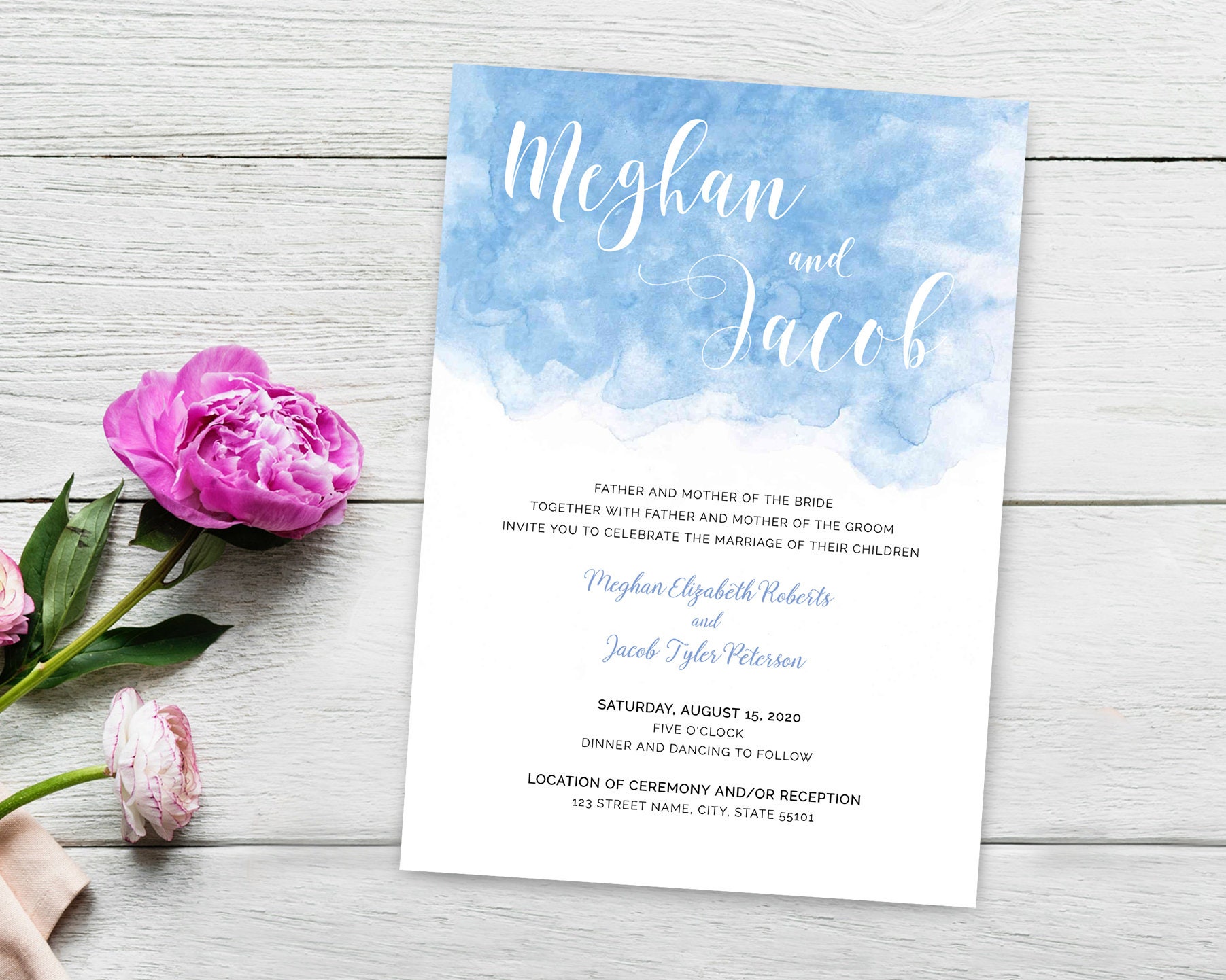 Beautiful Wedding Invitation Editable Template Watercolor Periwinkle Blue  With Classy Calligraphy Digital Download - Etsy, image size:1803x1442