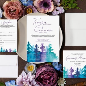 Digital Watercolor Forest Wedding Invitation Editable Template, Rustic, Jewel Tones