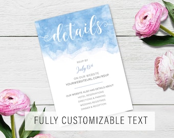 Beautiful Wedding Details Card Template Watercolor Periwinkle Blue with Classy Calligraphy