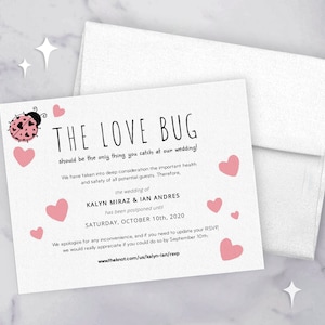 DOWNLOAD DIGITAL e impressão, anúncio de cartão de casamento adiado, modelo editável, bug fofo de amor, reagendamento, nova data, atualização, cancelamento
