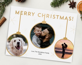 DIGITAL DOWNLOAD Merry Christmas Card Photo Template, Gold Christmas Bulbs, Templett, Edit Online & Print at Home