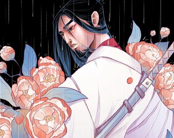 Samurai Art Print: Digital Illustration with Peonies