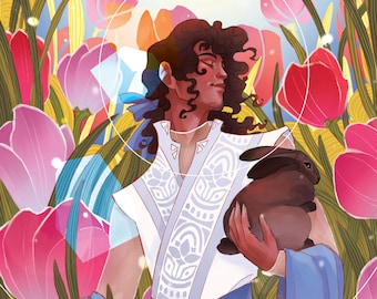 Spring Angel Art Print: Man with Rabbit, Floral Illustration