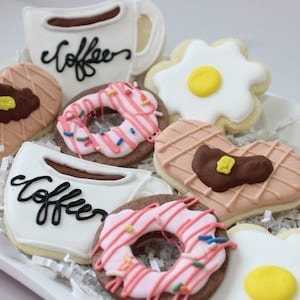 1 doz Birthday Brunch Cookies*Breakfast Cookie*Birthday Party Cookies* Personalized Custom Cookies*Waffles Eggs Coffee Cookie