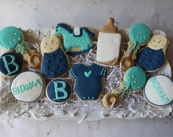 1 doz New Baby Shower Cookies*Custom Decorated Cookies*Onesie Cookies *Baby Boy Cookies*Baby Shower Favors*Navy Blue Aqua & Gold Cookie