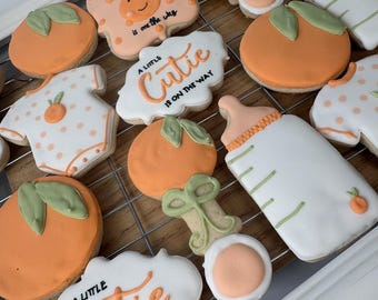 Little cutie Baby Shower Cookies, Custom Decorated Sugar Cookies, Set of 12, a little cutie is on the way