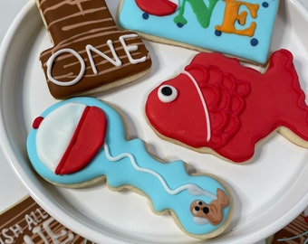 1 doz First Birthday Cookies*OFFICIALLY ONE Party *Fish Birthday Cookies*Fishing Cookies* Personalized Cookies*decorated Cookie*party favors