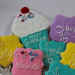 1 Doz Birthday Cookies*Cupcake Cookies *16th Birthday Cookies*Personalized Custom Decorated Cookies*Cookie Gifts*Sweet 16 cookies