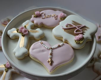 1 doz Baptism Cookies*First Communion Cookies *Pink & Gold Cookies*Decorated Custom Cookie*Personalized Cookies*Confirmation Cookies