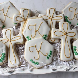1 doz Baptism Cookies*1st Communion Cookies *Custom Decorated Cookies*Personalized Initial Cookies*elegant White and gold Cross cookies