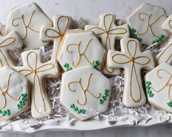 1 doz Baptism Cookies*1st Communion Cookies *Custom Decorated Cookies*Personalized Initial Cookies*elegant White and gold Cross cookies