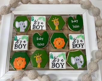 Safari Animal Baby Shower Cookies: Lion, Giraffe, Elephant - 1 Dozen