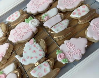 12 tea Party Baby Shower Cookies | “A Baby is Brewing” Decorated Sugar Cookies | Pink Floral Teapot Tea Cup Cookies | Baby Sprinkle