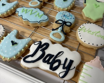 Baby Shower Sugar Cookies, Custom Decorated Baby Boy Treats, Set 12