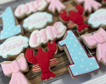 Crawfish First Birthday Sugar Cookies | Little Miss Mudbug, Pink Bows, Seafood Boil Theme