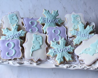 1 Doz. Frozen Inspired Cookies*Ice Princess Cookies*Elsa Cookies*Snow Flake Cookie*Princess party favor*Custom Decorated Personalized cookie