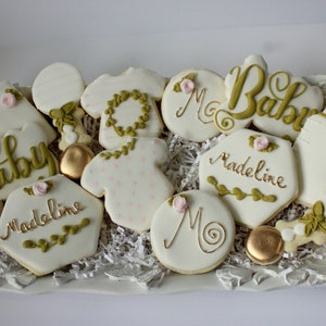 1 doz Baby Shower Cookies*Custom Decorated Cookies*Onesie Cookies *Baby Girl Cookies*Baby Shower Favors*Pink Gold and Green Party Favors