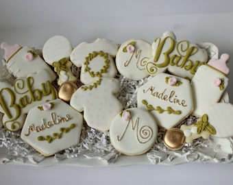 Custom Baby Shower Cookies, Pink, Gold, and Green Favors (1 Dozen)