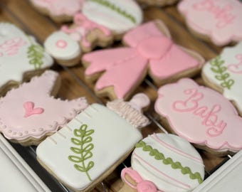 Pink Baby Shower Cookies, Bow, Bottle, Rattle Party Favors (1 Doz.)