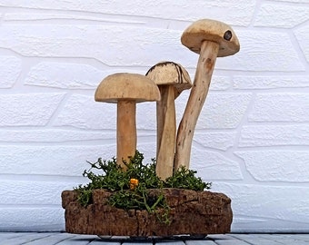 Wooden mushroom Goblincore decor with cloudberries Wood mushroom gift