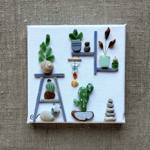 Pebble art 6,5x6,5&quot; Sea glass art Seashell art Handmade plants lover gift