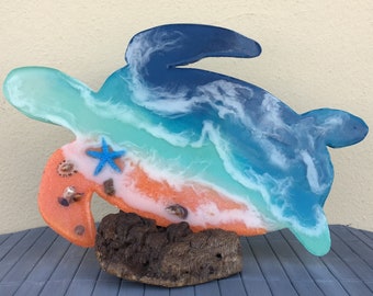Escultura de resina oceánica, decoración de tortuga marina de playa hecha a mano (18 x 28 cm)