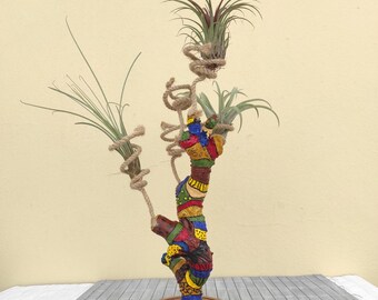 Porta piante aeree con decorazioni hippie, espositore in legno unico