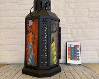 Lampe lanterne en vitrail, art africain, lampe de chevet LED