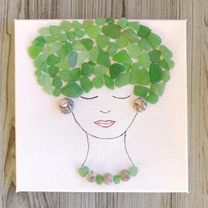 Sea glass art 8x8&quot; Pebble art family Girl portrait Handmade lover gift