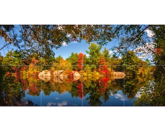 Fall Scene with Lake Tile Mosaic -002- Sublimated Decor, Interchangeable Tiles, Display Options Available