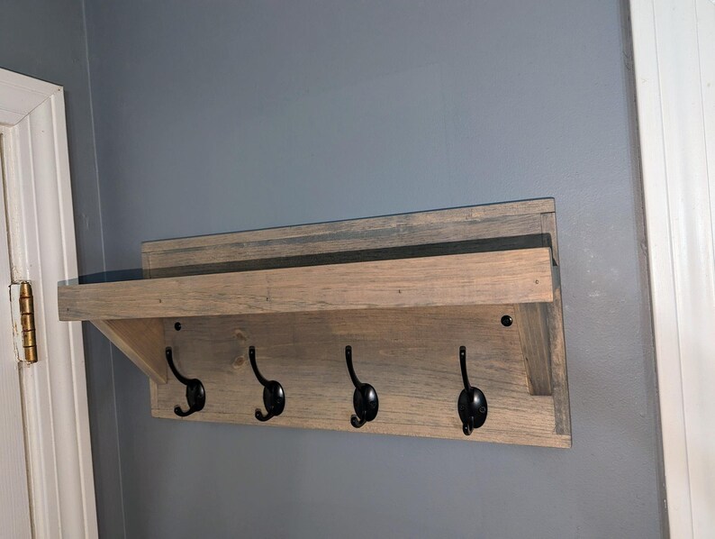 Rustic Wood Wall Hanging Coat Rack with Shelf Color Size Options Available Great for Towels, Leashes, Keys, Hats, etc image 3