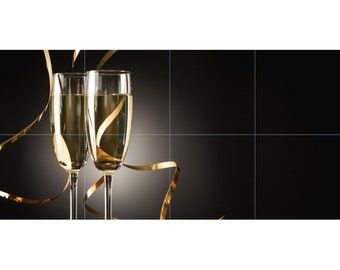Champagne in Glasses with Gold Ribbon Tile Mosaic -001- Sublimated Decor, Interchangeable Tiles, Display Options Available