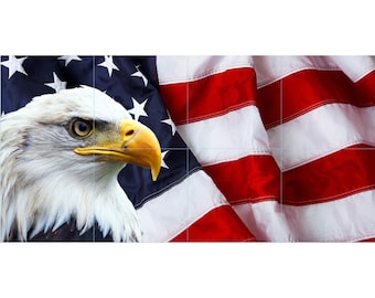 Bald Eagle with American Flag Patriotic Tile Mosaic -001- Sublimated Decor, Interchangeable Tiles, Display Options Available