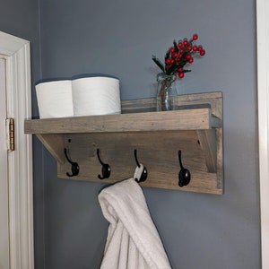 Rustic Wood Wall Hanging Coat Rack with Shelf Color Size Options Available Great for Towels, Leashes, Keys, Hats, etc image 1