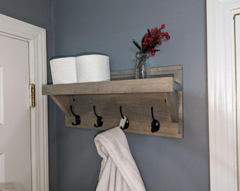 Rustic Wood Wall Hanging Coat Rack with Shelf | Color Size Options Available | Great for Towels, Leashes, Keys, Hats, etc