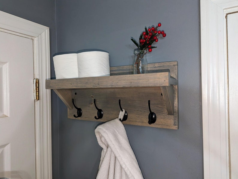 Rustic Wood Wall Hanging Coat Rack with Shelf Color Size Options Available Great for Towels, Leashes, Keys, Hats, etc image 1