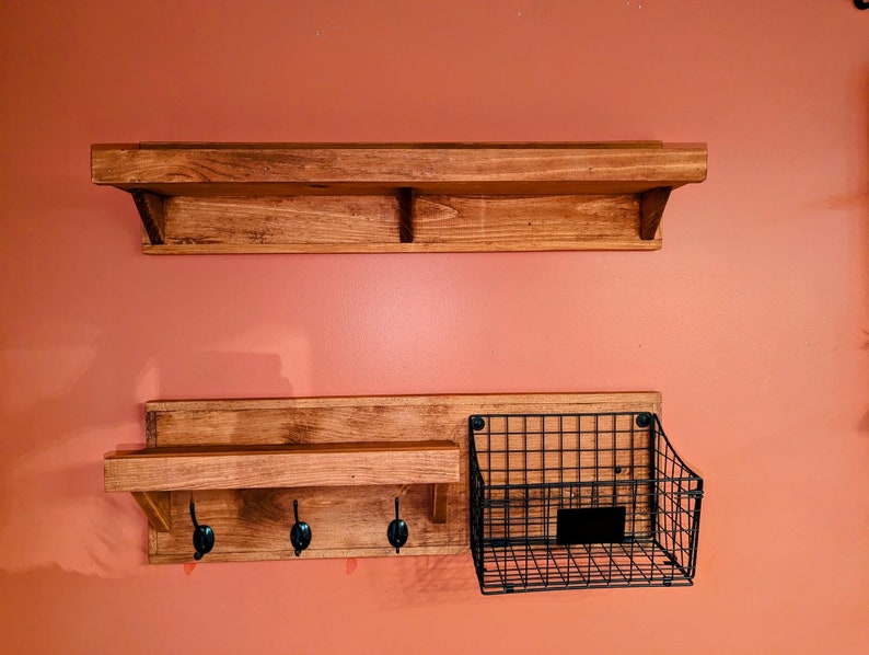 Rustic Wood Coat Rack with Shelf and Basket Wall Decor Color Size Options Available Great for Towels, Leashes, Keys Wall Organizer image 6