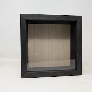 May include: A black wooden shadow box with a clear glass front. The box has a light wood interior.