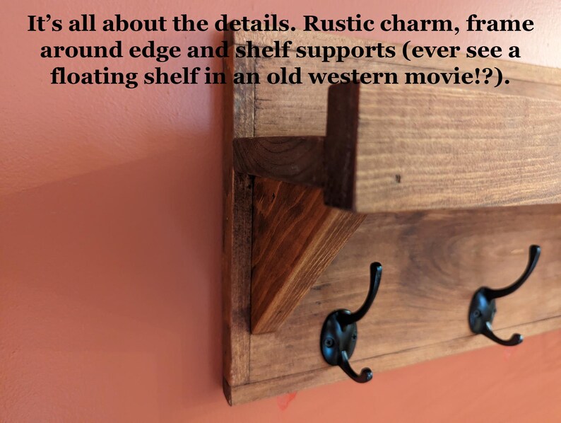 Rustic Wood Wall Hanging Coat Rack with Shelf Color Size Options Available Great for Towels, Leashes, Keys, Hats, etc image 7